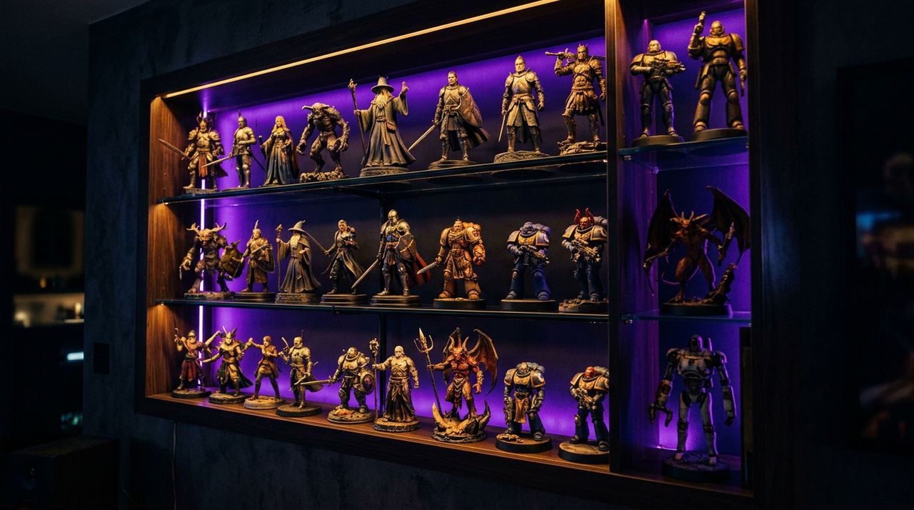 Lit display shelves of painted collectible figures