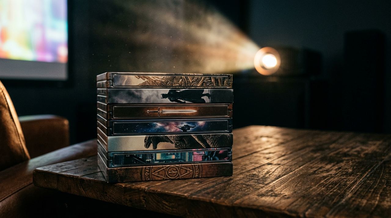 A stack of steelbook film cases beside a projector beam