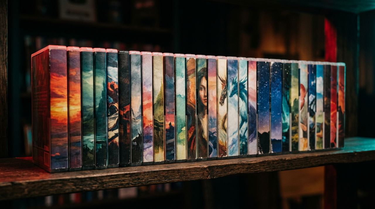 A long row of game case spines with painted artwork on a wooden shelf