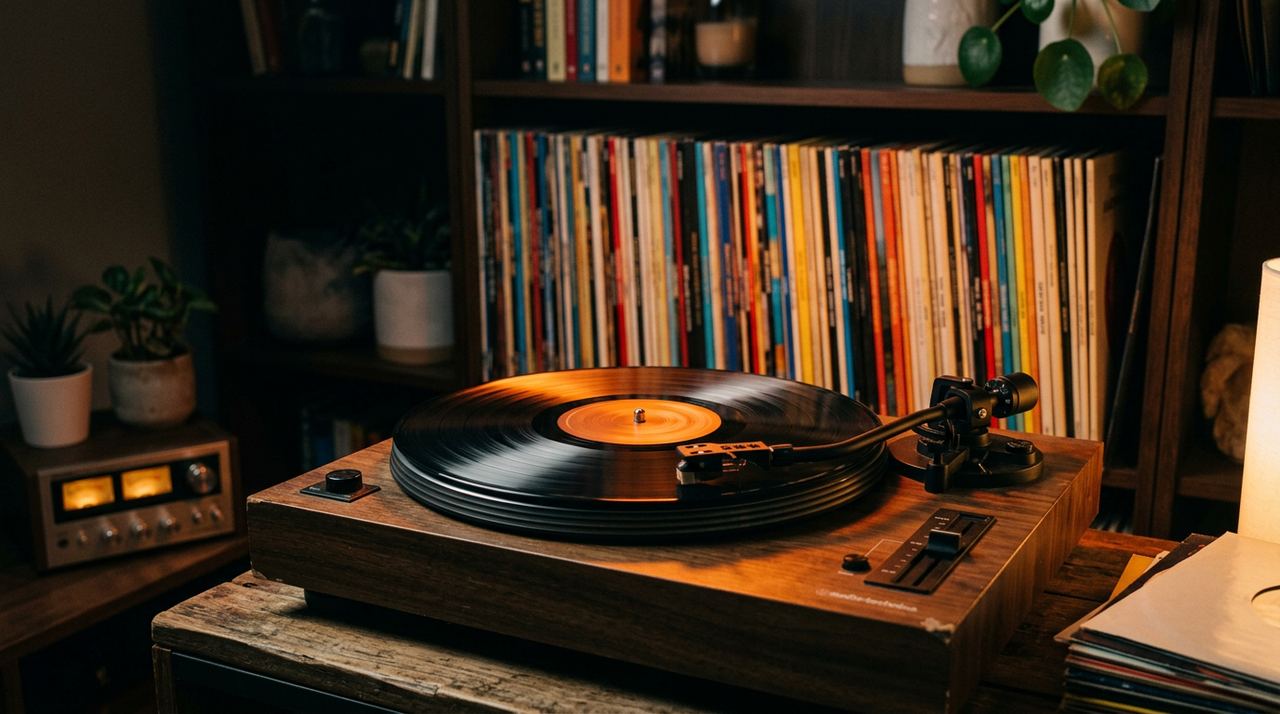 A turntable playing a record in front of a shelf of vinyl