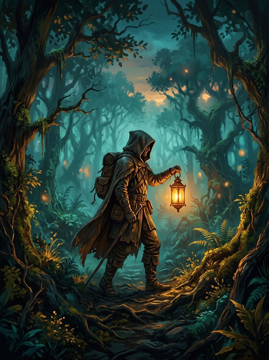 Illustrated game cover of a hooded traveller carrying a lantern through a glowing forest