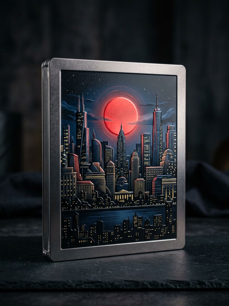 A brushed-metal steelbook film case with a red moon over a city skyline