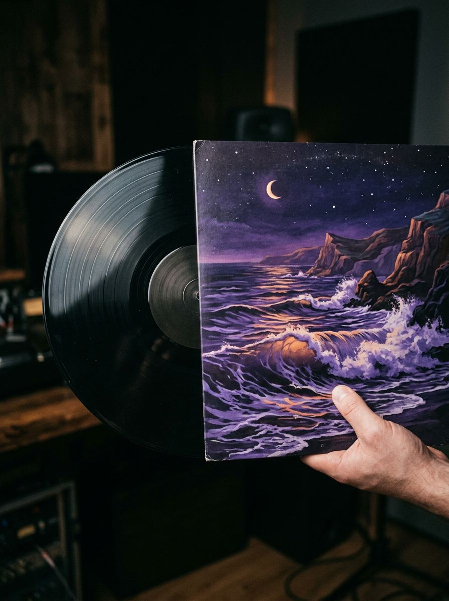 A hand pulling a vinyl record from a sleeve painted with a moonlit sea