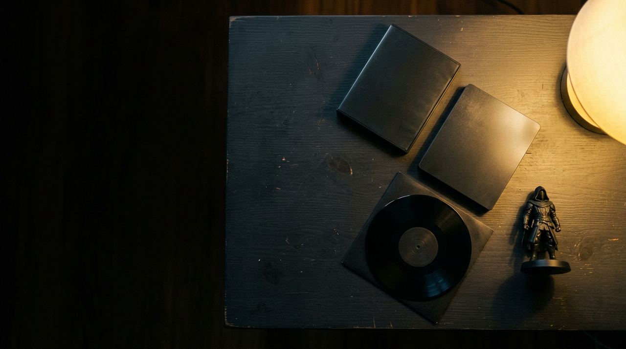 Overhead view of steelbooks, a vinyl record and a figure on a dark desk beside a warm lamp