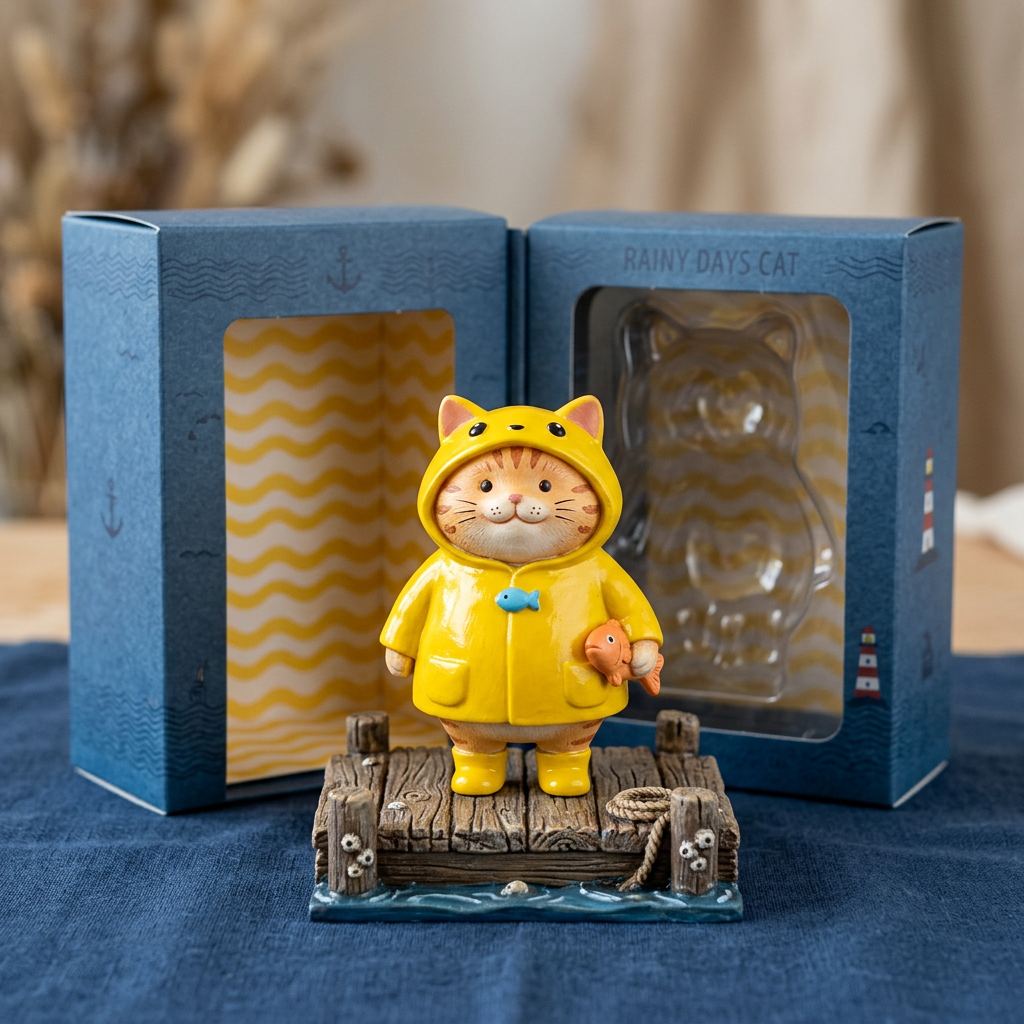 Sample boxed figure of a cat in a yellow raincoat standing on a wooden dock