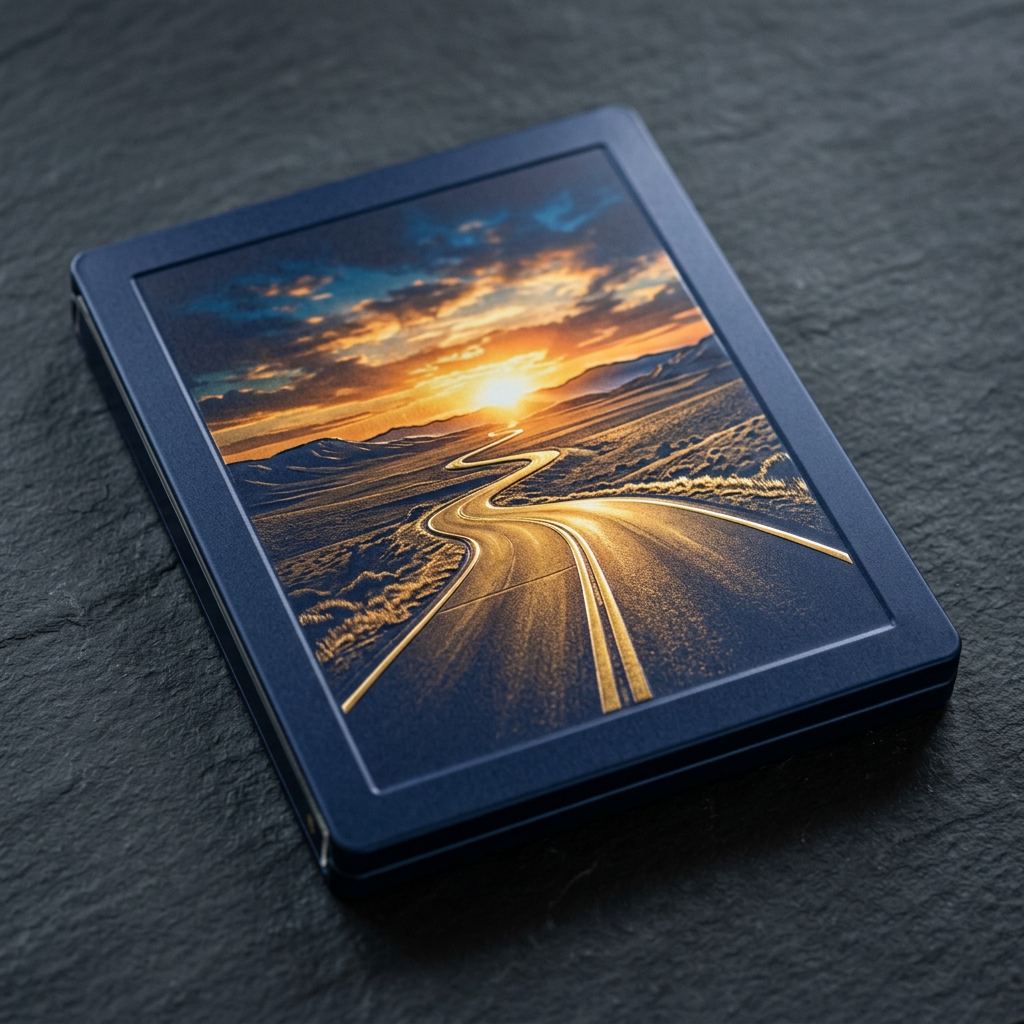 Sample navy steelbook with an embossed road running into a sunset
