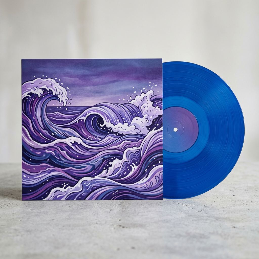 Sample sleeve printed with purple waves beside a blue vinyl record