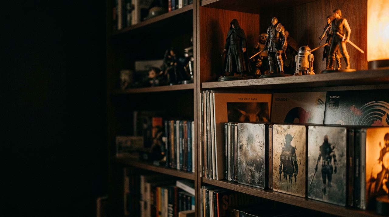 A dark wooden shelf holding figures, vinyl records and steelbook cases beside a warm lamp