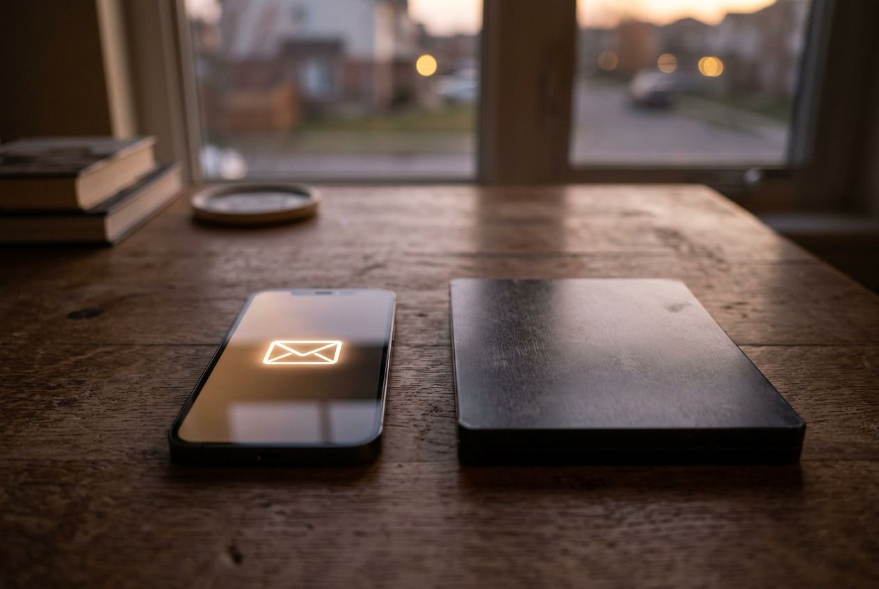 A phone lit with an email icon lying beside a case on a wooden table