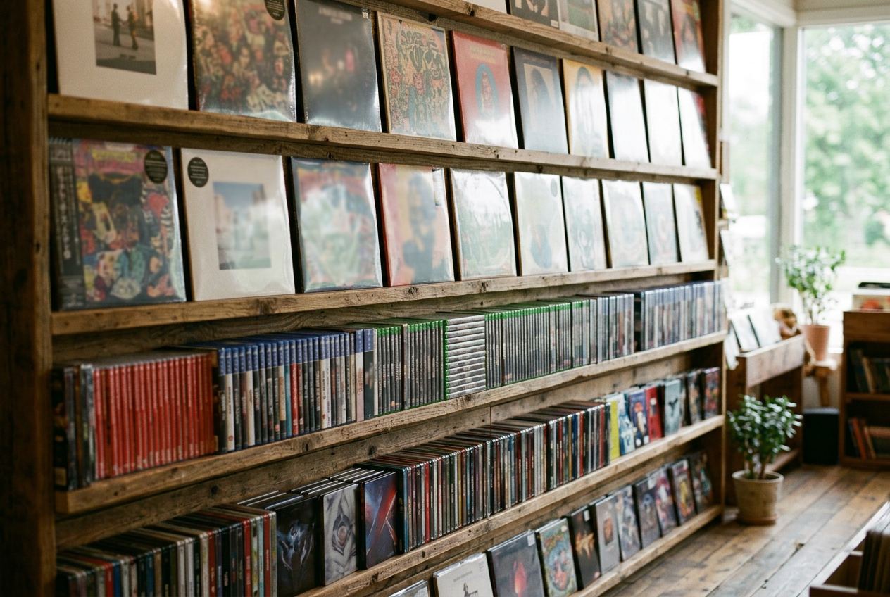 Wooden shelves of vinyl records, films and games in a bright shop
