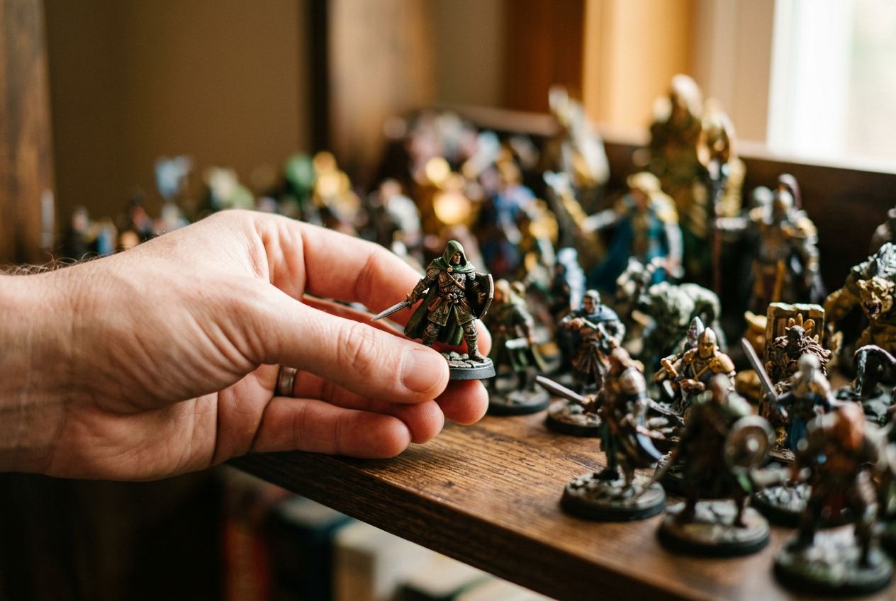 A hand picking one painted figure from a shelf of collectibles